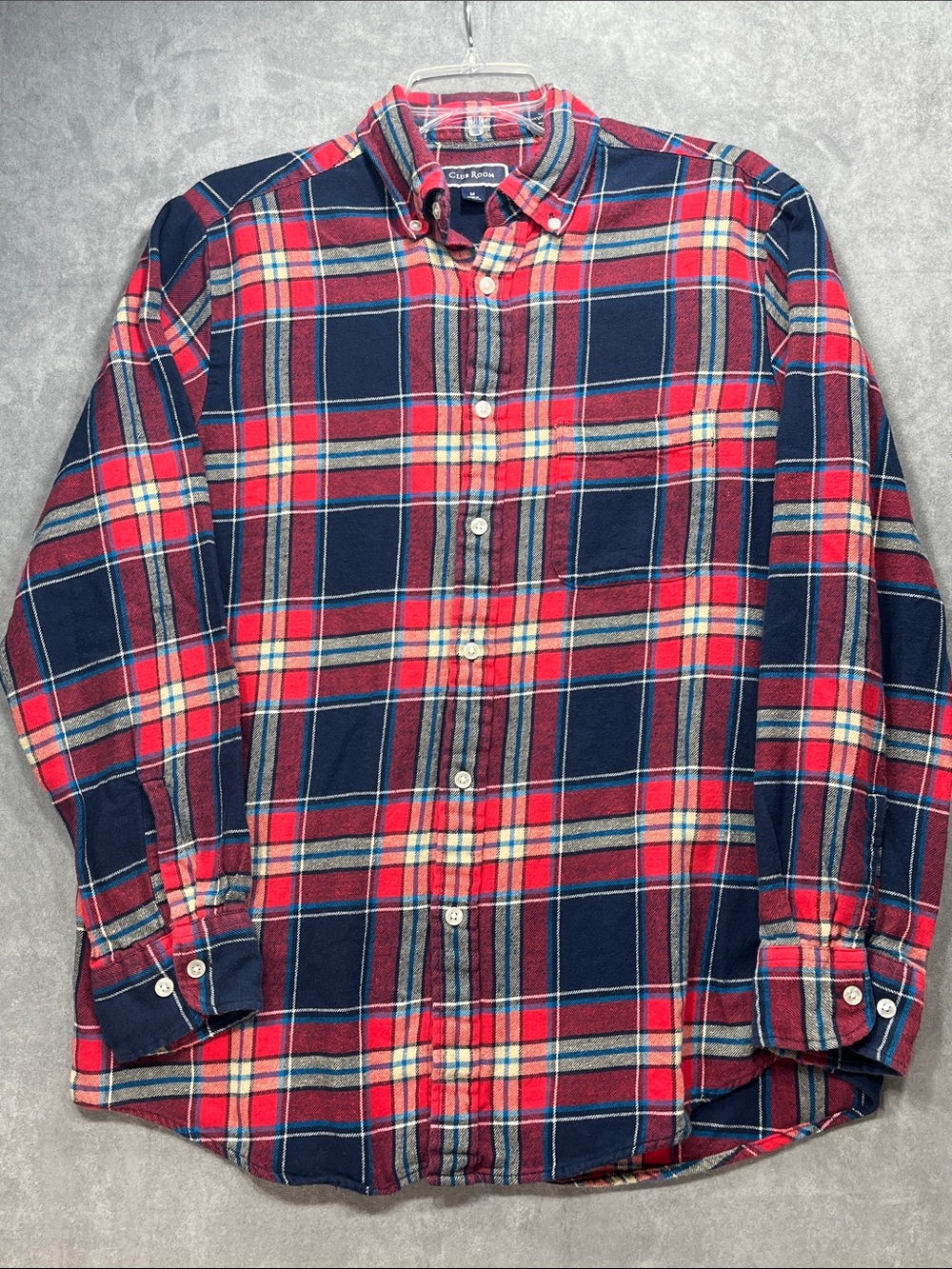 Club Room Men's Medium Red Navy Plaid Cotton Flannel Button Down Shirt